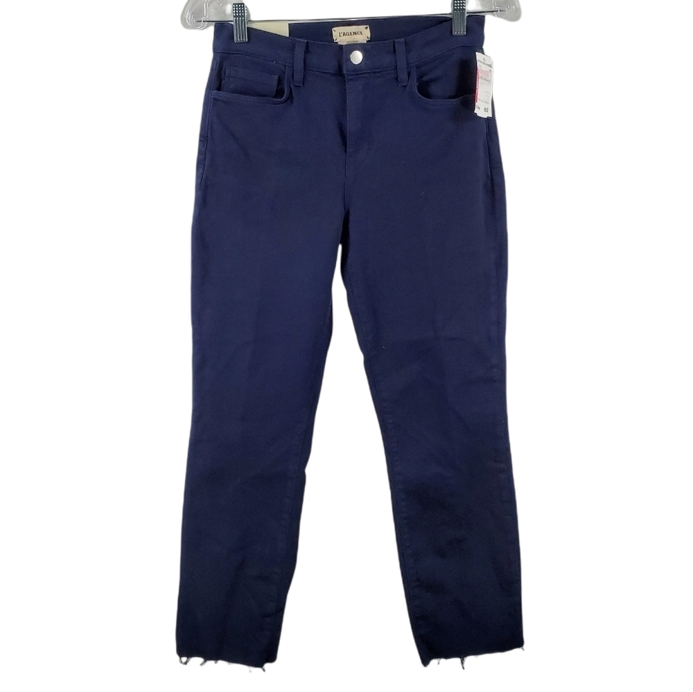 L'Agence Sada Raw Hem Dark Blue Denim Jeans High Rise Cropped Slim Fit NEW